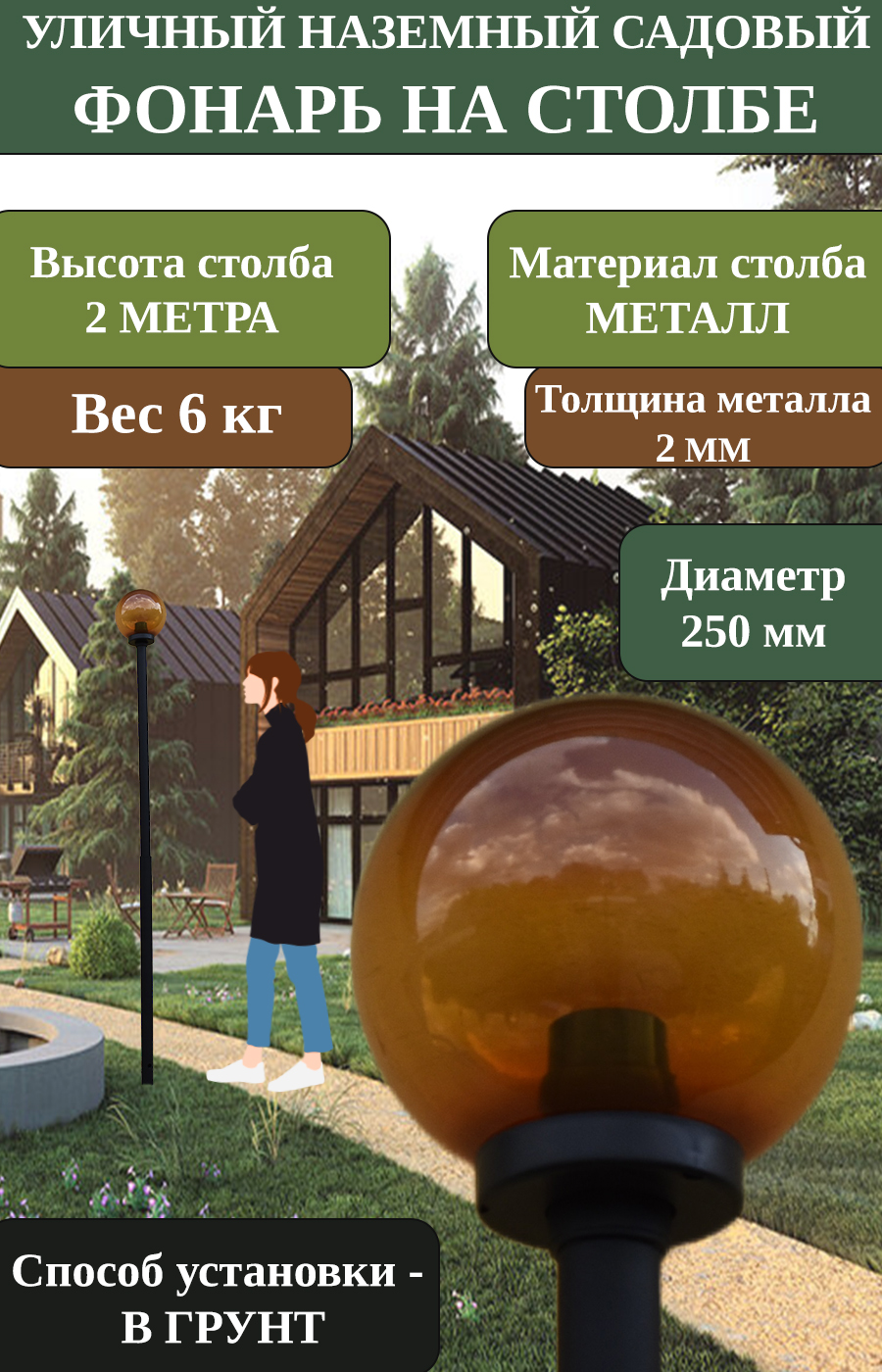 Уличный наземный садовый фонарь SkyGarden на столбе R250B BRONZE, металл, высота 2 м