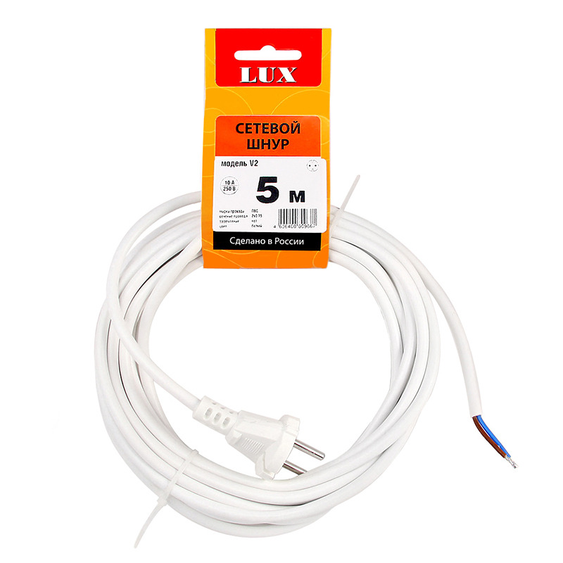 

Шнур LUX V2 ПВС 2x0.75 без заземелния с вилкой 5м белый