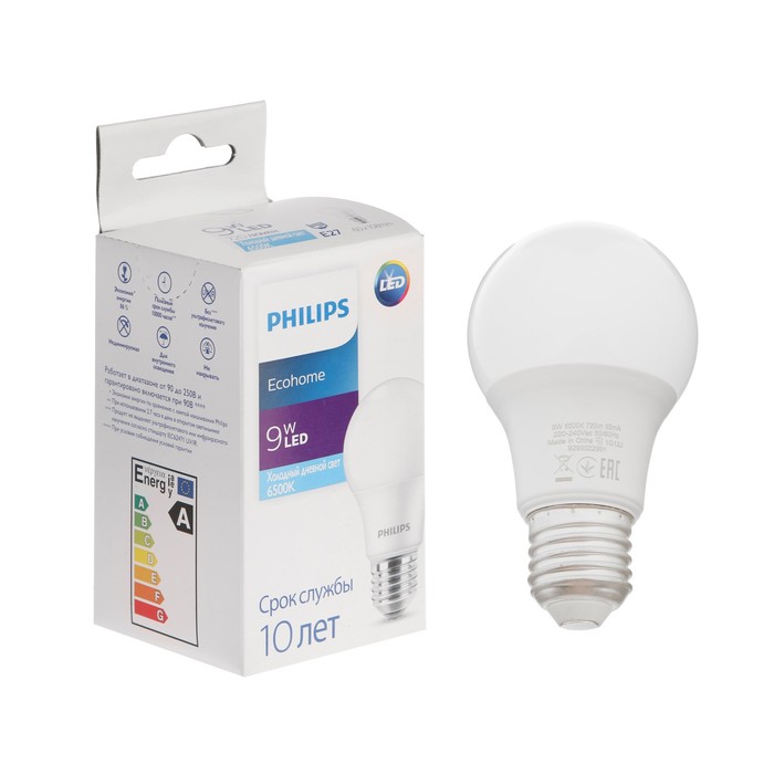 

Лампа светодиодная Philips Ecohome Bulb 865, E27, 9 Вт, 6500 К, 720 Лм, груша