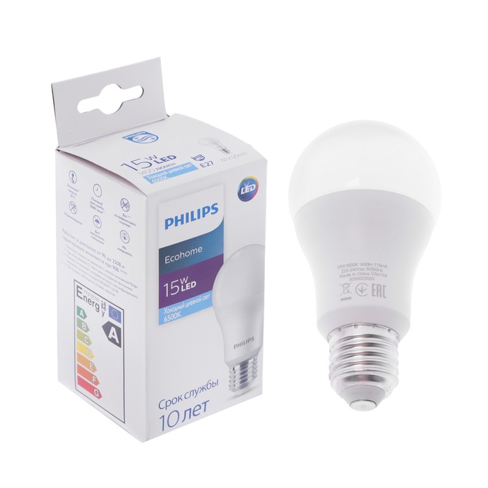 фото Лампа светодиодная philips ecohome bulb 865, e27, 15 вт, 6500 к, 1450 лм, груша