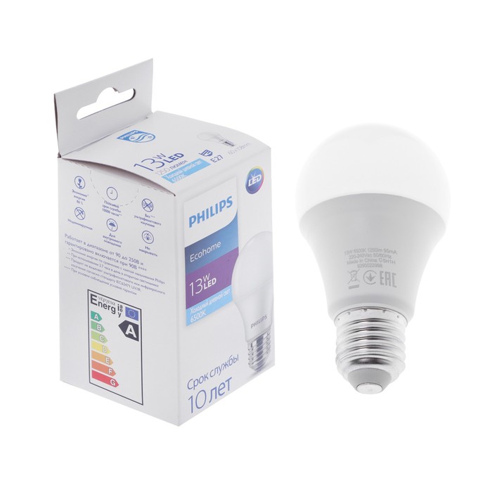 фото Лампа светодиодная philips ecohome bulb 865, e27, 13 вт, 6500 к, 1250 лм, груша