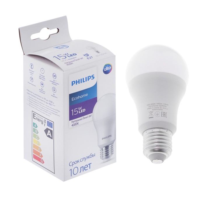 фото Лампа светодиодная philips ecohome bulb 840, e27, 15 вт, 4000 к, 500 лм, груша