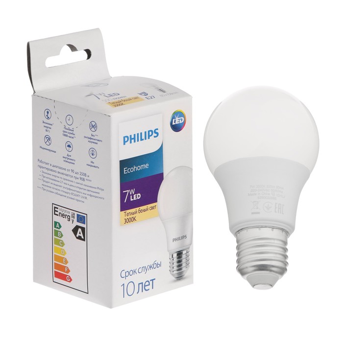 фото Лампа светодиодная philips ecohome bulb 830, e27, 7 вт, 3000 к, 500 лм, груша