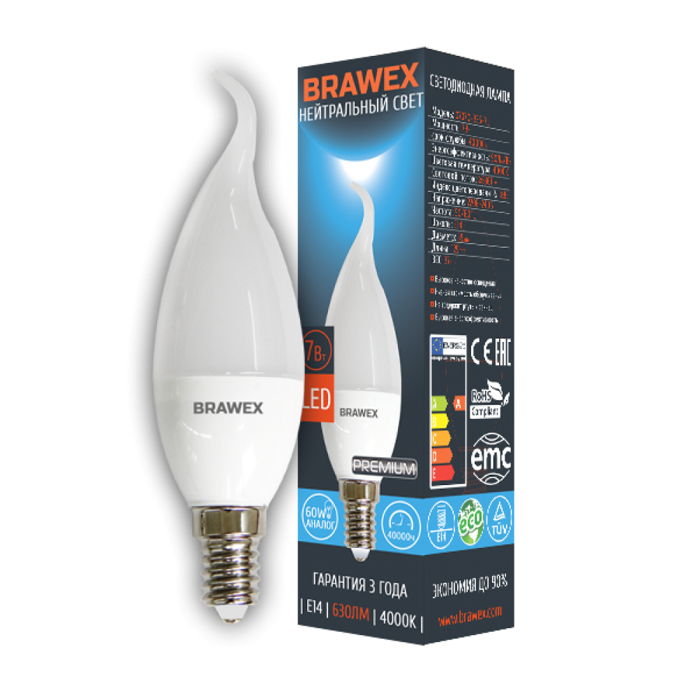 

Светодиодная лампа BRAWEX свеча на ветру 7Вт 4000К B35 Е14 707Q-B35-7N