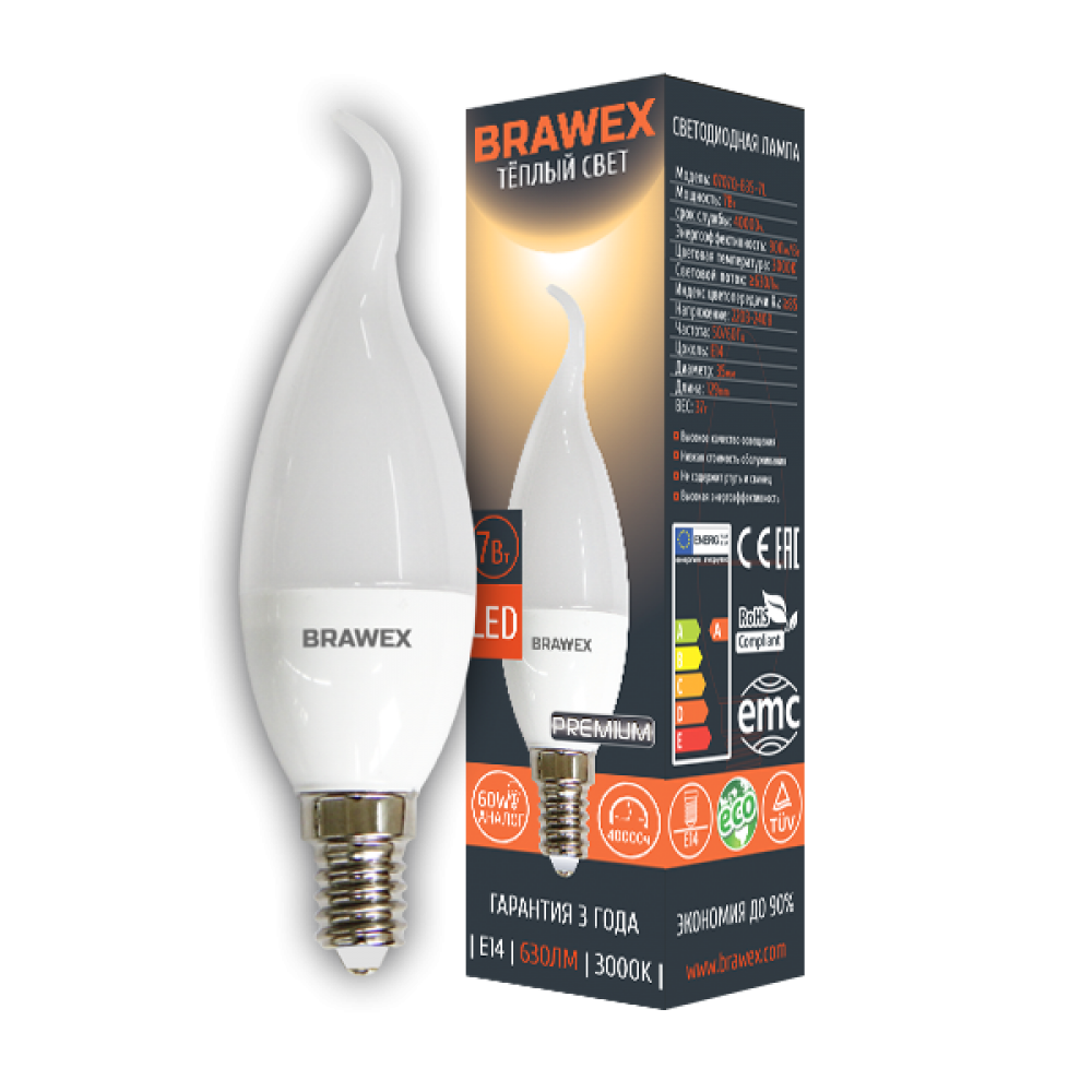 Светодиодная лампа BRAWEX свеча на ветру 7Вт 3000К B35 Е14 0707Q-B35-7L