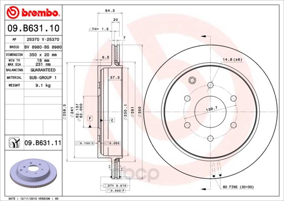 

Тормозной диск brembo задний для Nissan Patrol Y62 2010-/Infiniti QX56 2010- 09B63111