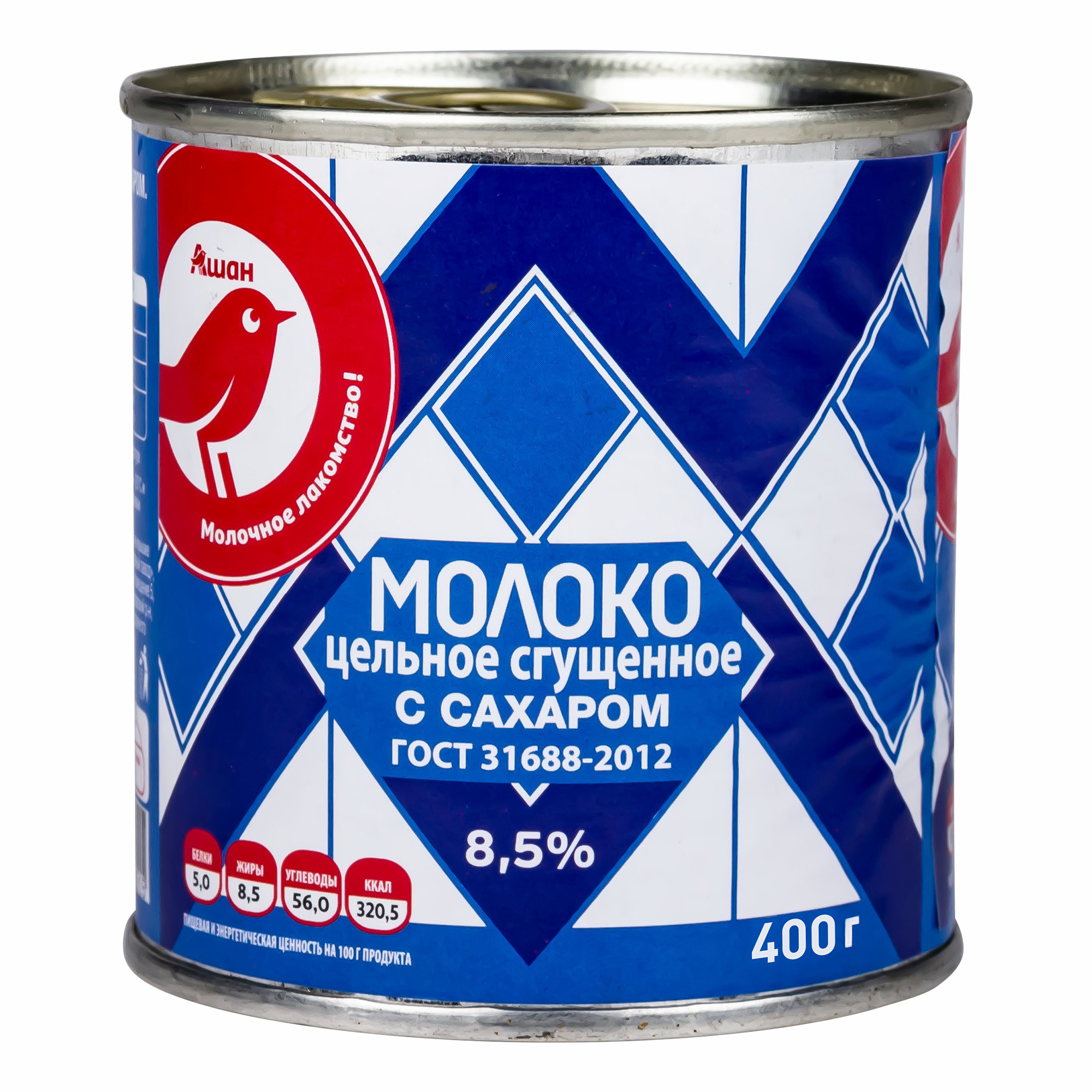 Сгущенное молоко АШАН Красная птица нормализованное 8,5% 400 г