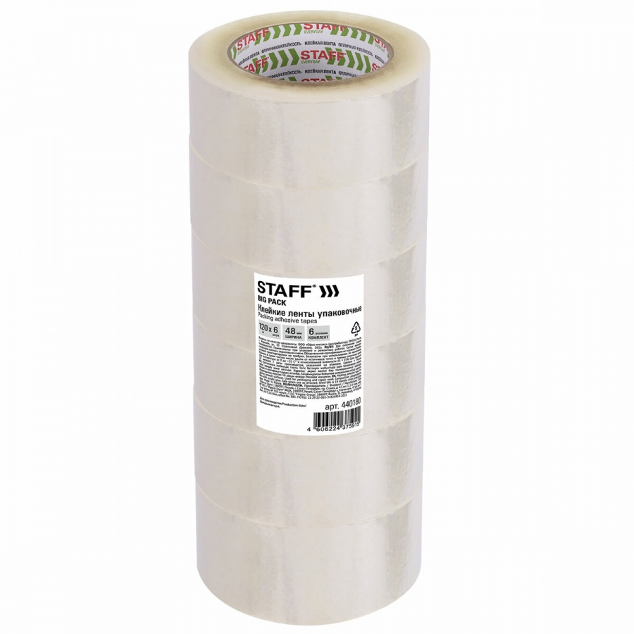 

Клейкая лента (скотч) упаковочная Staff Big Pack (48мм х 120м, 40мкм, прозрачная) 6шт, 6шт, Прозрачный