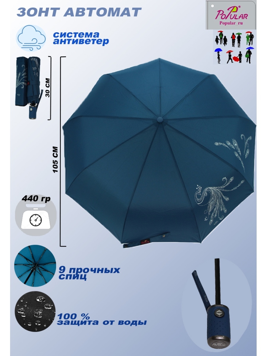 

Зонт складной женский автоматический Popular Umbrella 2602 темно-зеленый, 2602
