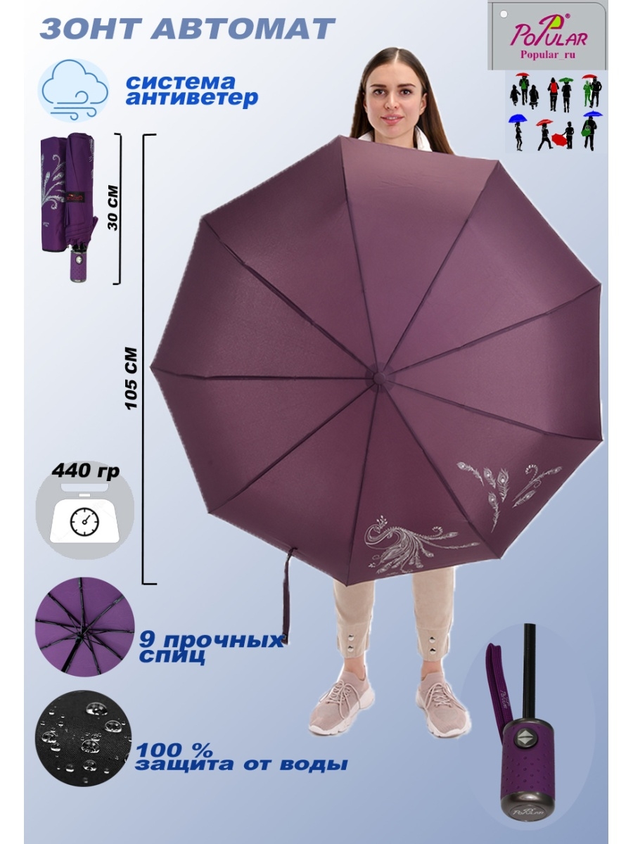 Зонт складной женский автоматический Popular Umbrella 2602 красный/пурпурный