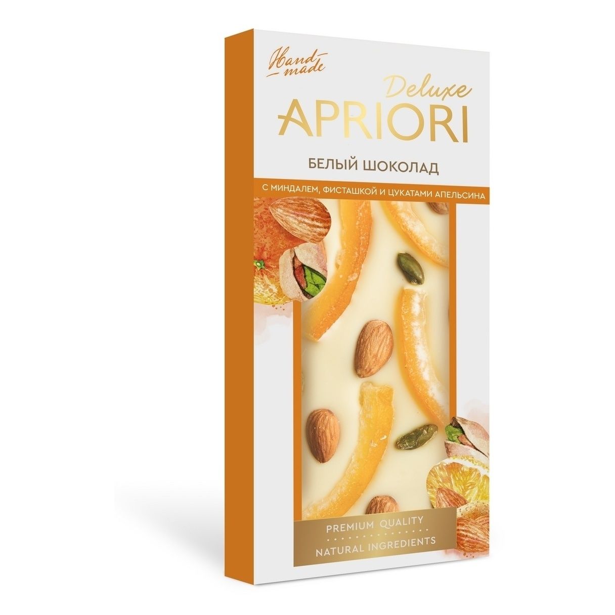 Шоколад Apriori Deluxe белый с миндалем фисташками и цукатами апельсина 85 г 256₽