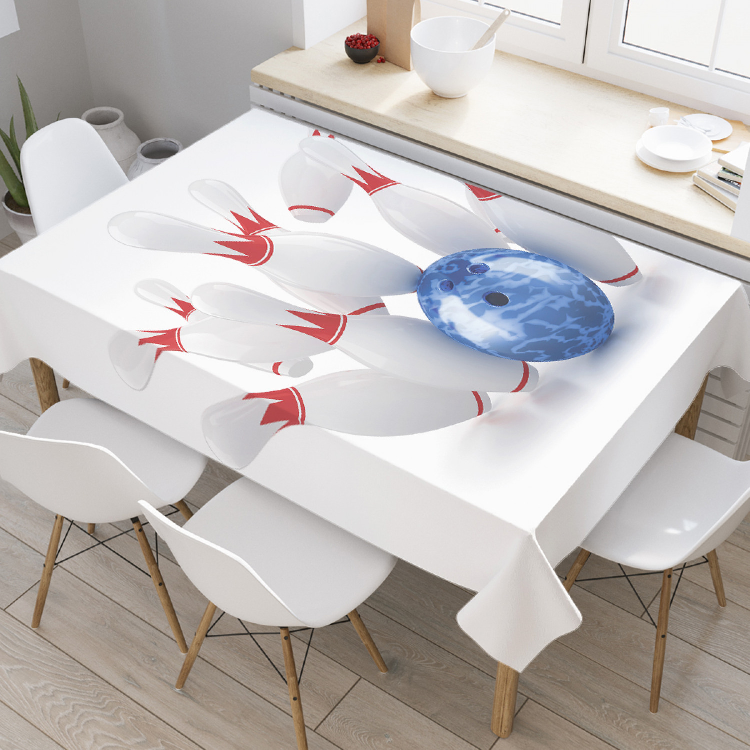 

Скатерть прямоугольная JoyArty "Шар и кегли" из оксфорда, 180x145 см, Белый, Шар и кегли