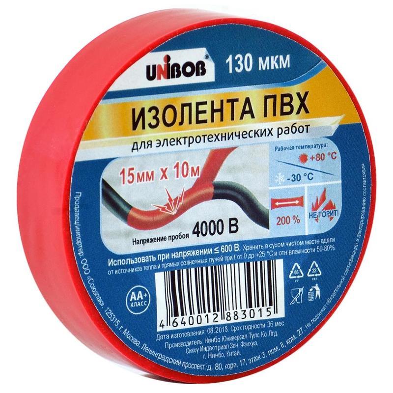 фото Изолента unibob пвх 15мм x 10м 130мкм красная 10шт