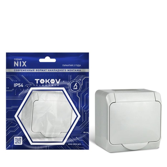 фото Розетка tokov electric, nix, с кр., 1-м, 16а, ip54, 250в, с з/к, серый