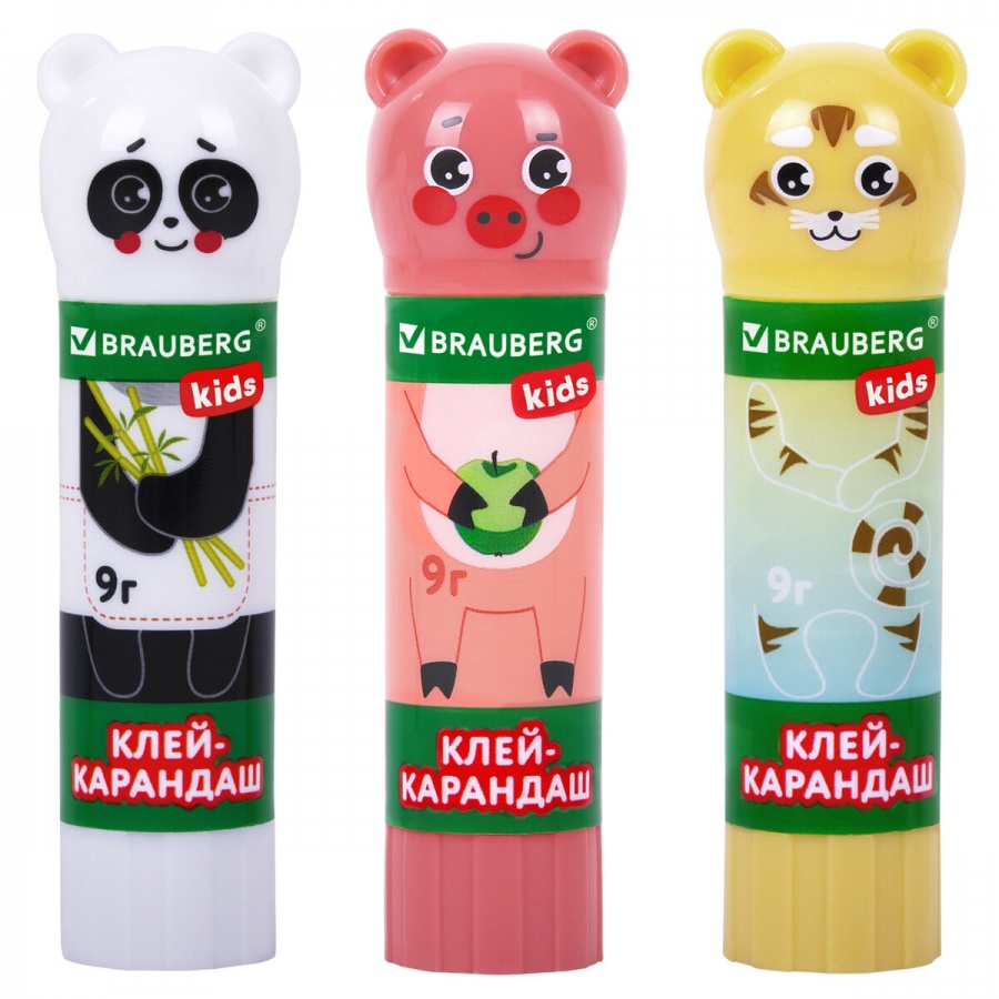 Клей-карандаш Brauberg Kids Зверята: хрюшка, тигр, панда, 9г, 3шт, 12 уп