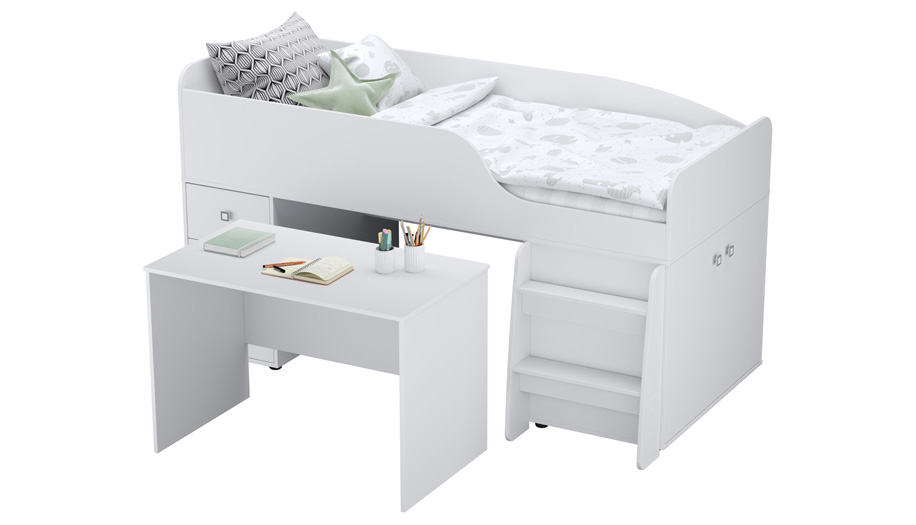Кровать-чердак детская Polini kids Simple 4500 с рабочей зоной, белый