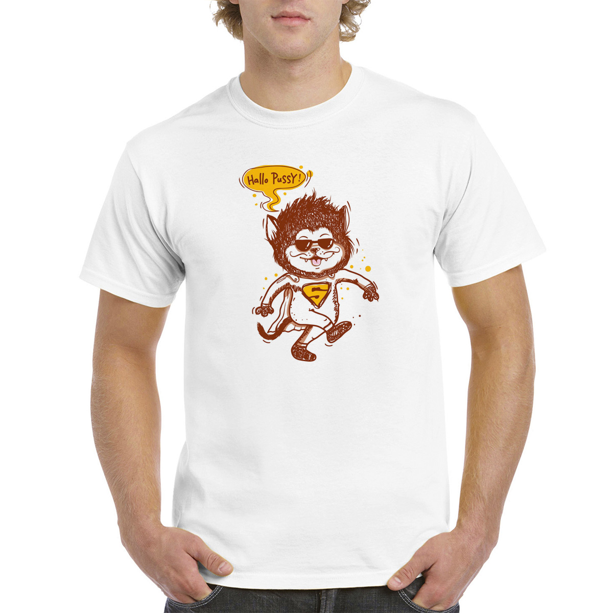 

Футболка унисекс coolpodarok Иллюстрация. Кот в костюме супермена 2 белая 42 RU, Белый, M0151364