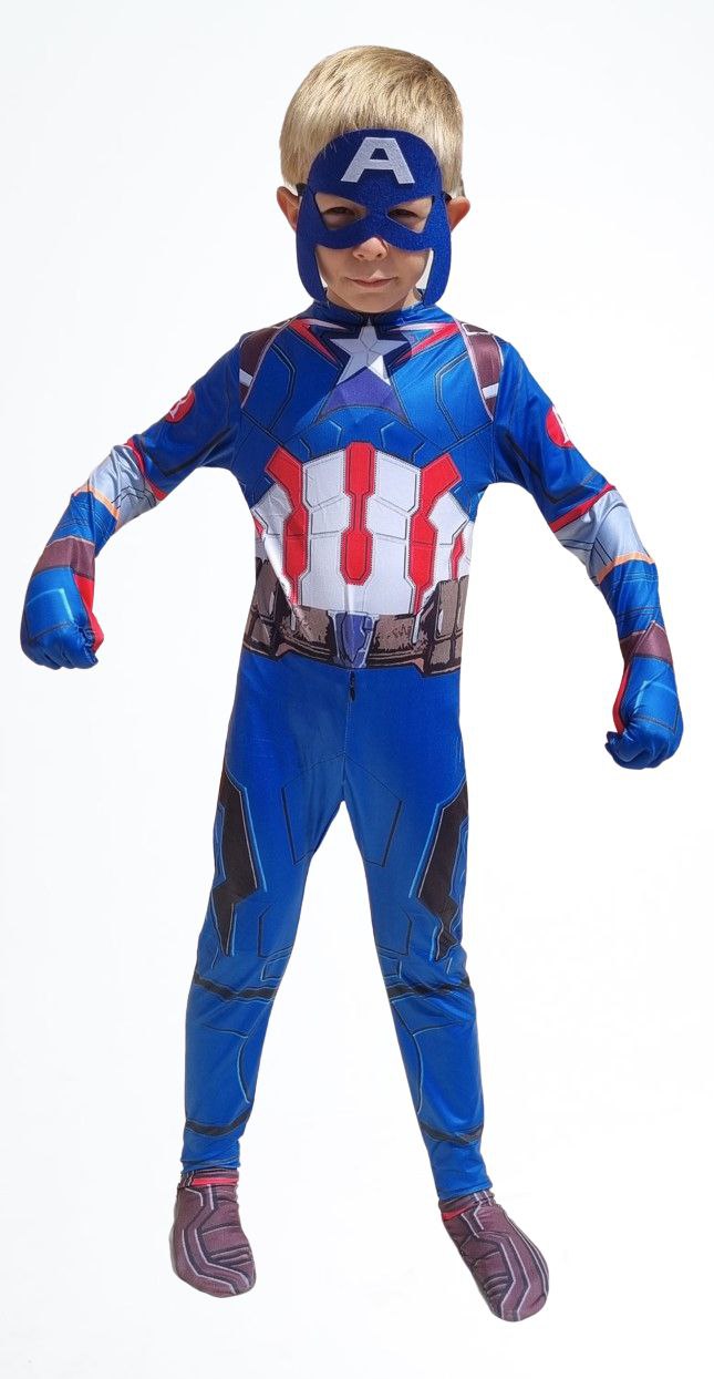 Карнавальный костюм ROYAL FELLE Капитан Америка, синий, 128 карнавальный костюм человека паука майлз моралес а2 110