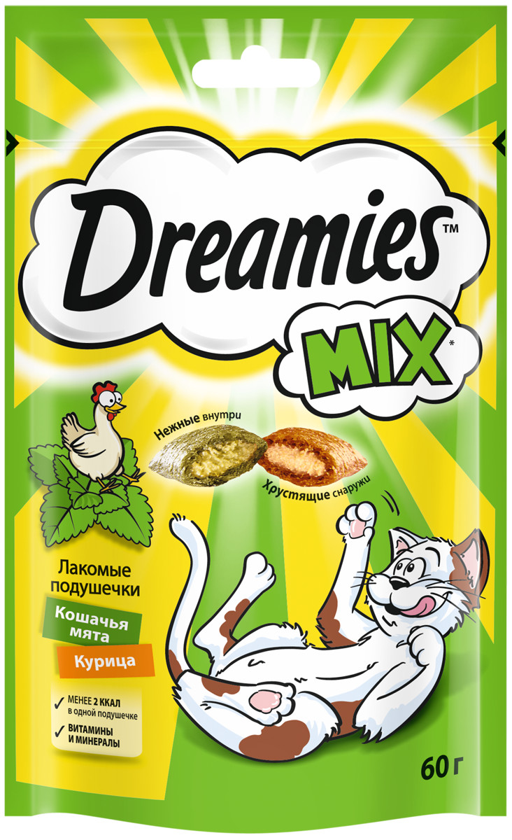 Лакомство для кошек Dreamies, Лакомые подушечки с курицей и мятой, 12 шт по 60 г