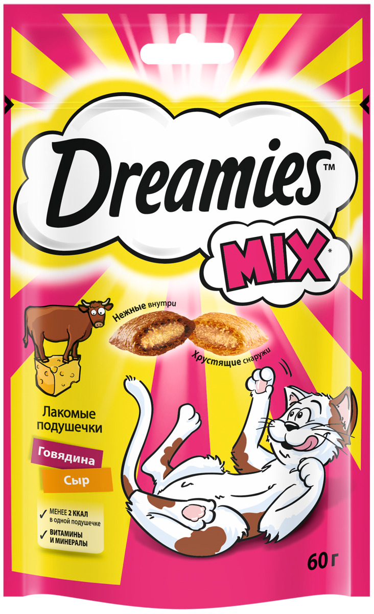 

Лакомство для кошек Dreamies, Лакомые подушечки с говядиной и сыром, 12 шт по 60 г