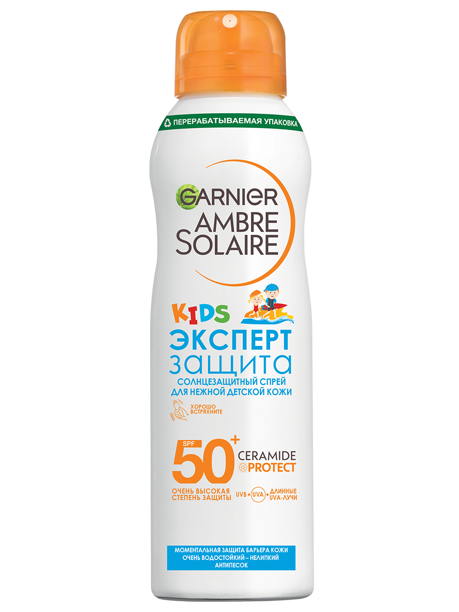 Солнцезащитный спрей Garnier сухой детский Ambre Solaire Kids Анти-песок SPF50 150мл ля рош позе антгелиос спрей для лица и тела солнцезащитный невидимый spf50 200мл 17560803