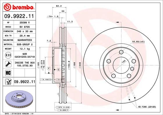 

Диск Торм.пер. Bmw X5 E70 2007-> Brembo 09.9922.11