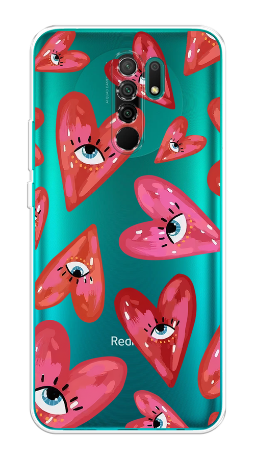 

Чехол на Xiaomi Redmi 9 "Сердечки с глазами", Коричневый;красный;розовый, 38350-1