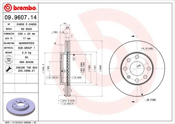 

Тормозной диск brembo 09.9607.14