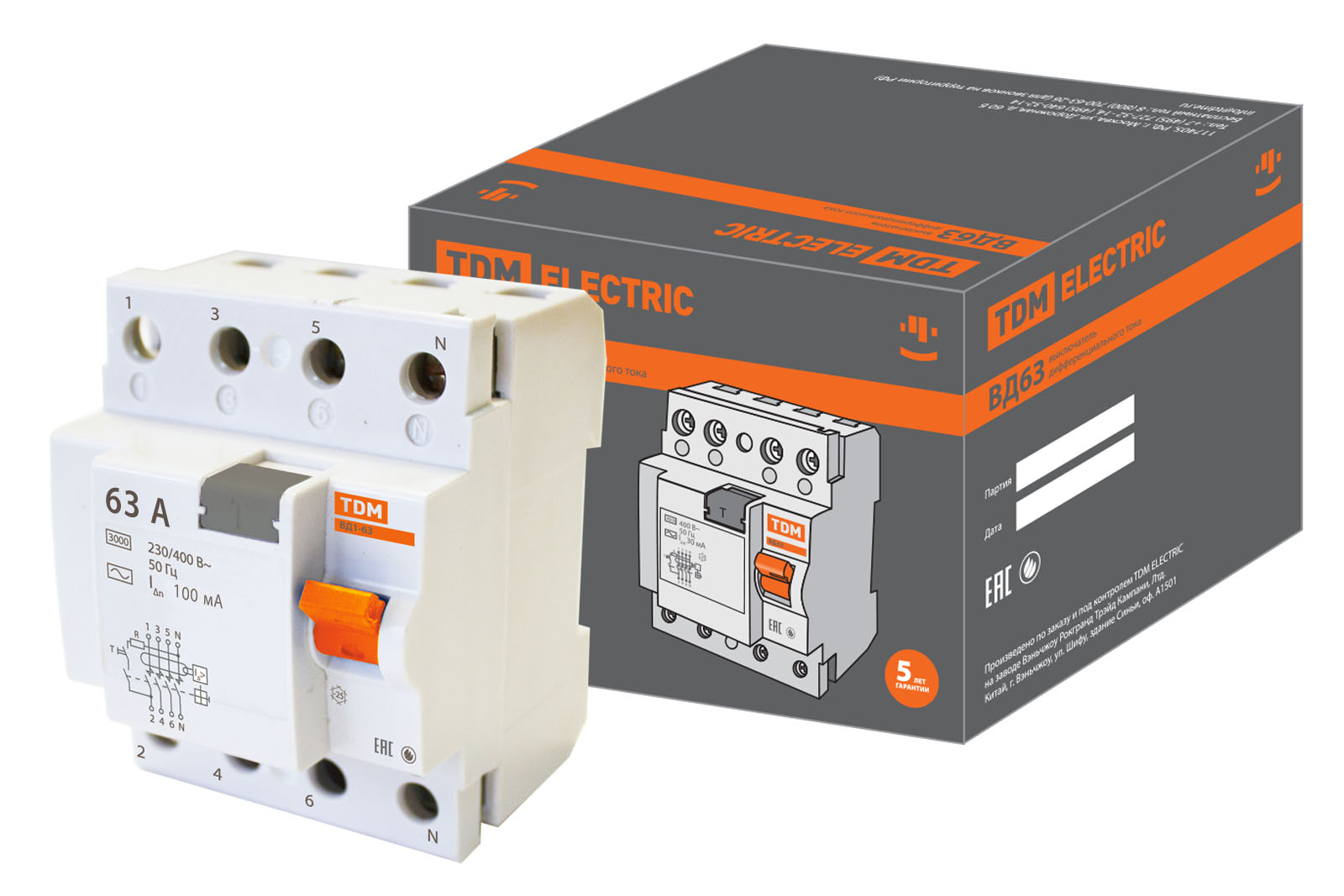 Устройство защитного отключения TDM ELECTRIC ВД63 4Р 63А 100мА (электронное) SQ0220-0035