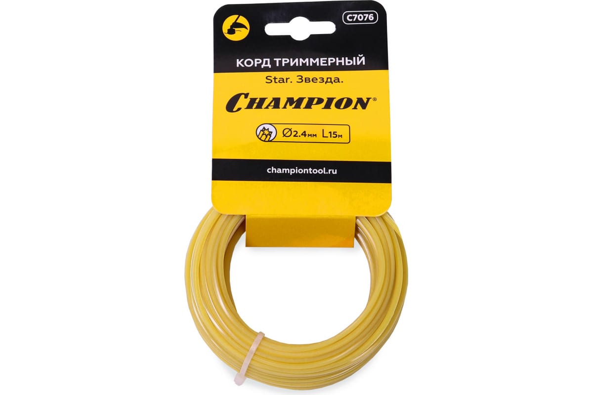 

Леска для триммера прямая звезда 2,4 мм Champion Star C7076 15 м, Желтый, Star