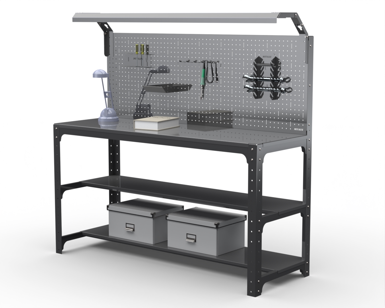 

Стол металлический Metalex серия KIT 750х1500х400 2 полки + перфопанель с комп. освещения, Серый