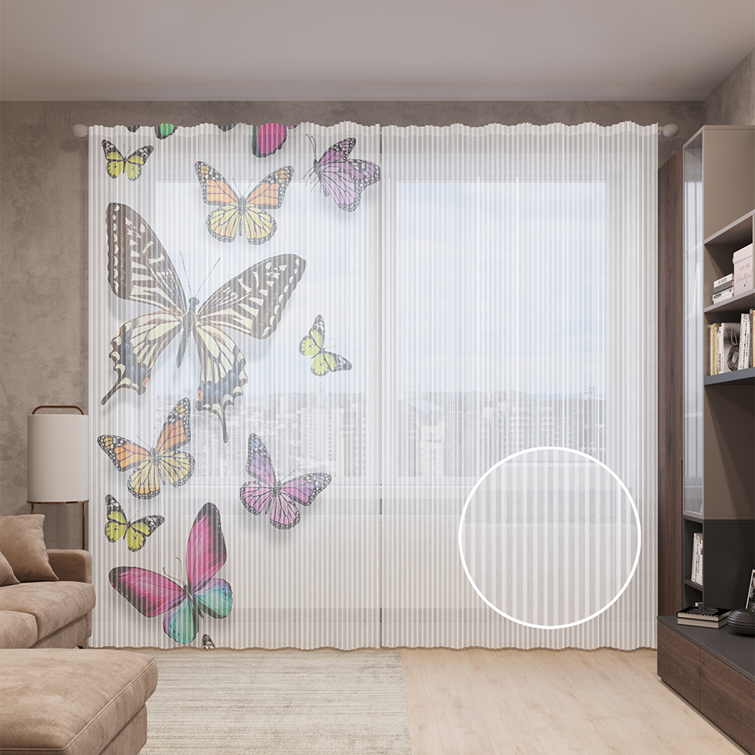 фото Тюль вуаль на шторной ленте с принтом joyarty "вихрь из бабочек", 310х265 см