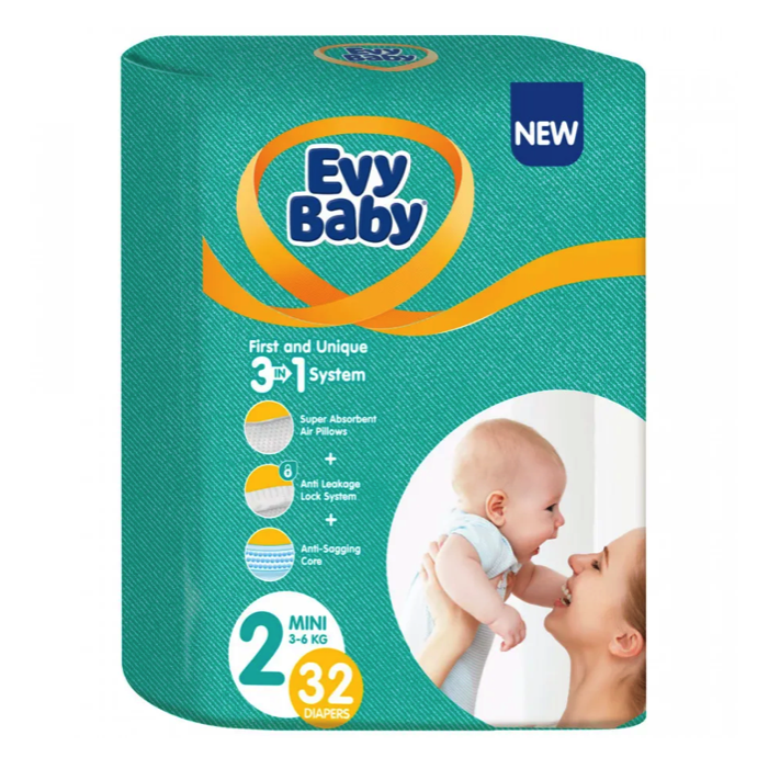 Подгузники Evy Baby Mini Standard 2S (3-6 кг, 32 штуки)