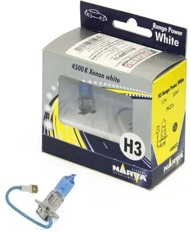 NARVA 486022100 Лампа H3 Range Power White 12V 55W PK22s NVA упаковка Carton Box 2 шт 1180₽