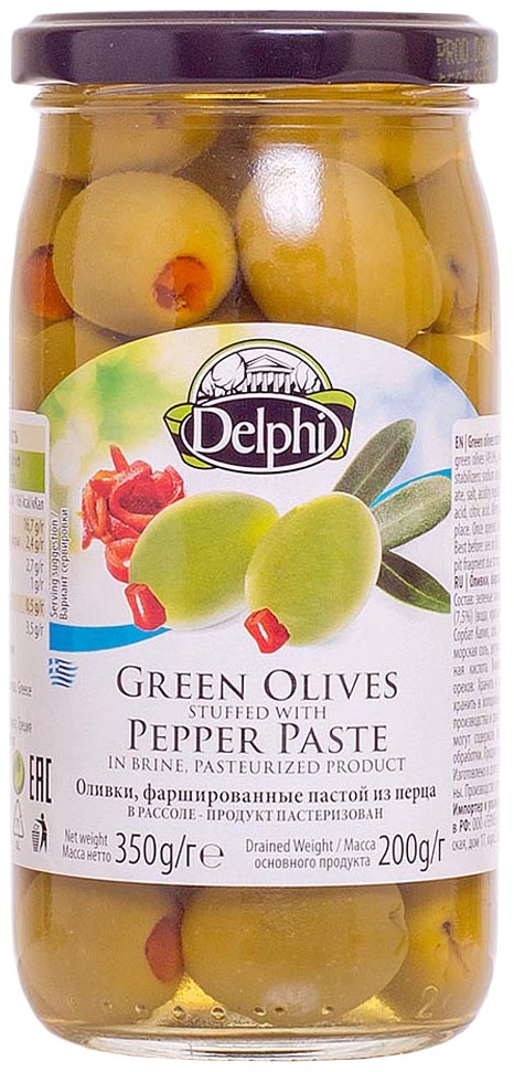 

Оливки Delphi Фаршированный перцем 350 г