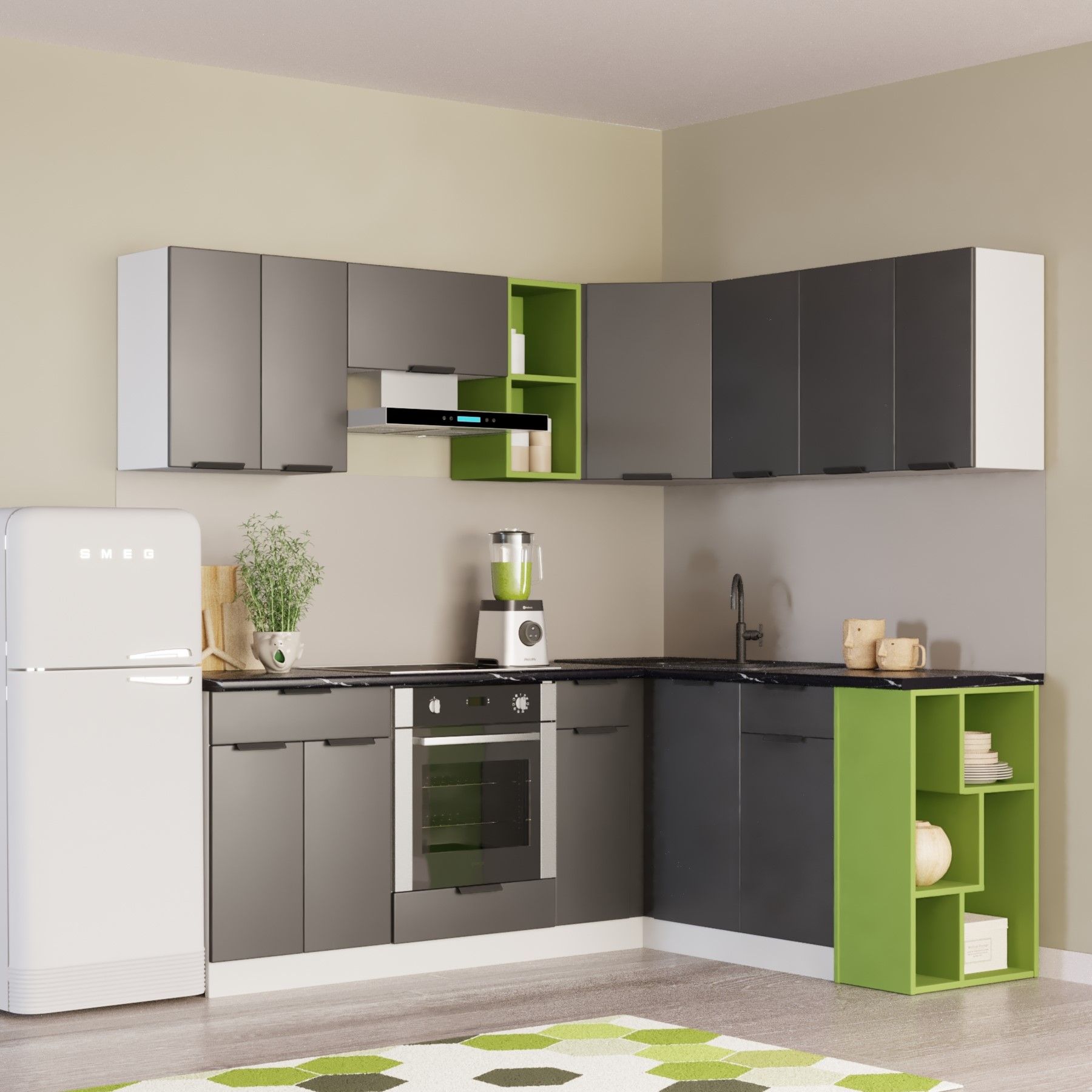 

Кухонный гарнитур Карандаш, Фаворит 210х170 см Антрацит, Светло-зеленый, Фаворит