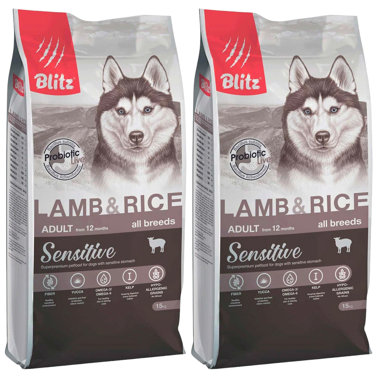 Сухой корм для собак BLITZ SENSITIVE ADULT ALL BREEDS с ягненком и рисом 2шт по 15кг