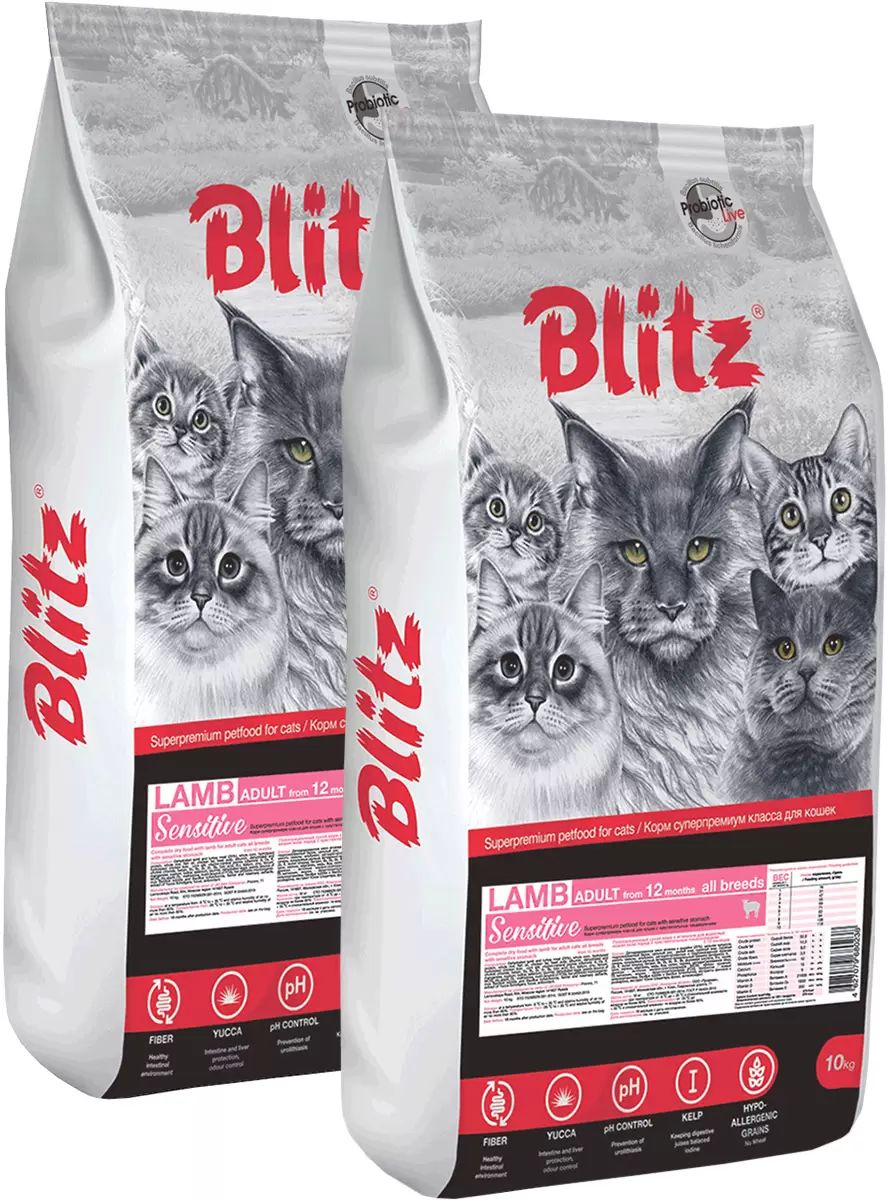 Сухой корм для кошек BLITZ SENSITIVE ADULT CAT LAMB с ягненком 2шт по 10кг 12388₽