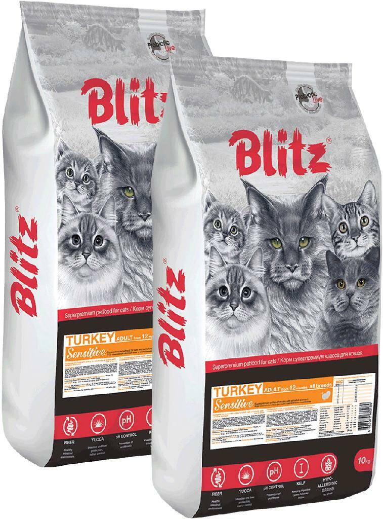 

Сухой корм для кошек BLITZ SENSITIVE ADULT CAT TURKEY, с индейкой 2шт по 10кг