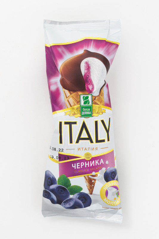

Мороженое Белая Долина Italy классика, вкус черники, рожок, 12%, 70 г