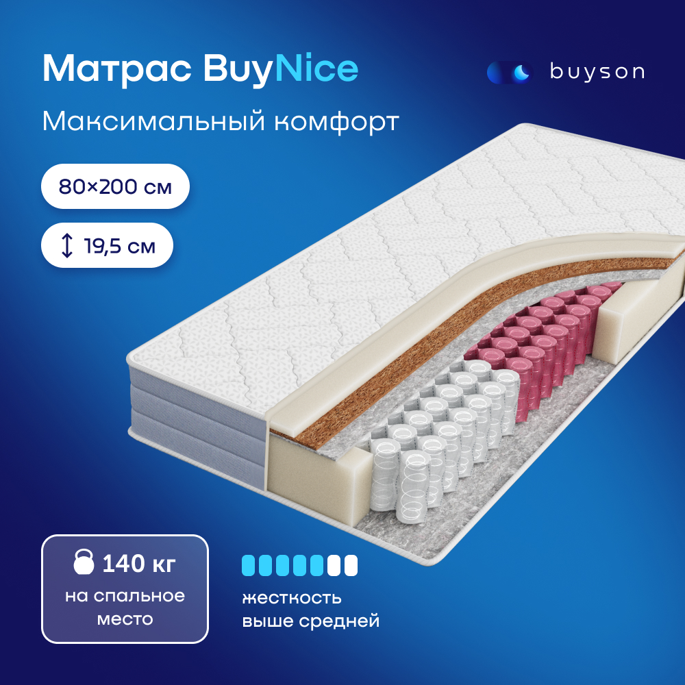 

Матрас buyson BuyNice, независимые пружины, 200х80 см, Белый, BuyNice