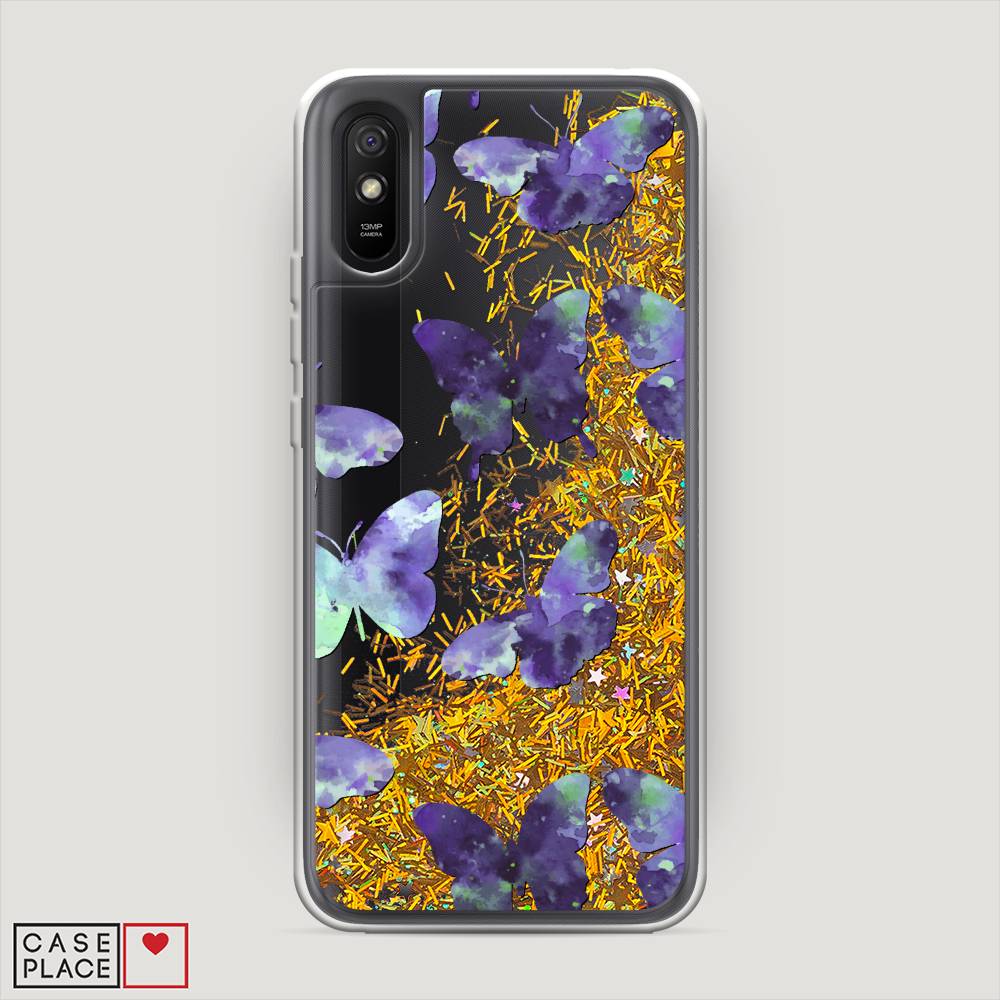 фото Жидкий чехол с блестками "бабочки отпечатки" на xiaomi redmi 9a awog