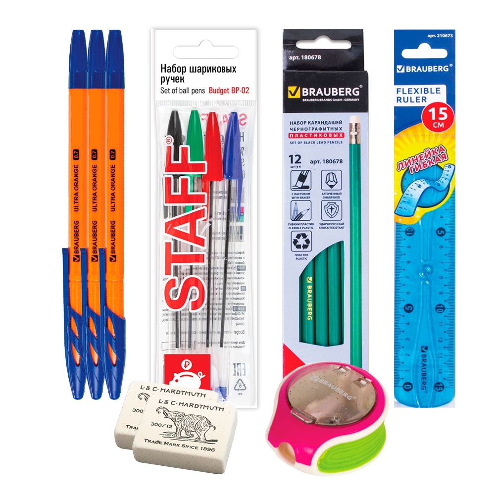 фото Канцелярский набор: ручки, карандаши, ластики, точилка с контейнером, линейка 372562 brauberg