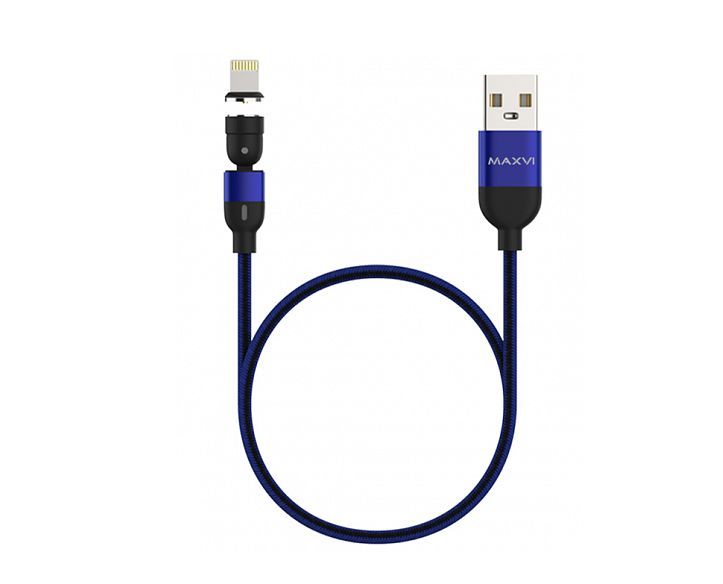 КАБЕЛЬ USB MICRO / MINI MAXVI MCm-02L синий , USB-A - Lightning, 2A, магнитный разъем, LED