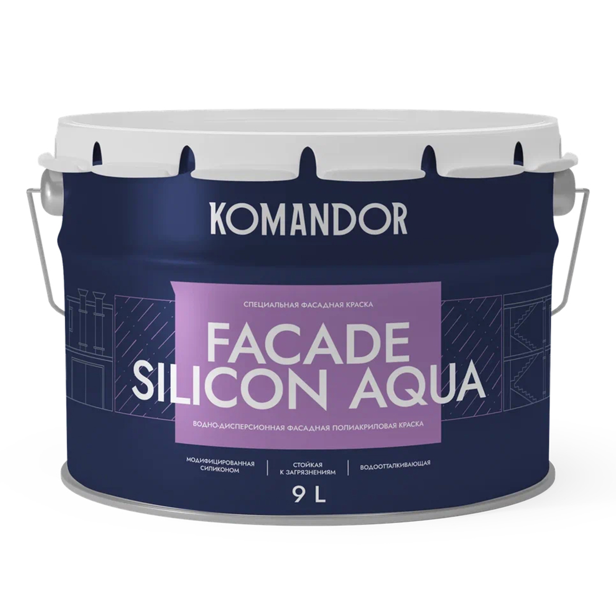 Краска фасадная Komandor Facade Silicon Aqua, глубокоматовая, база С, бесцветный, 9 л