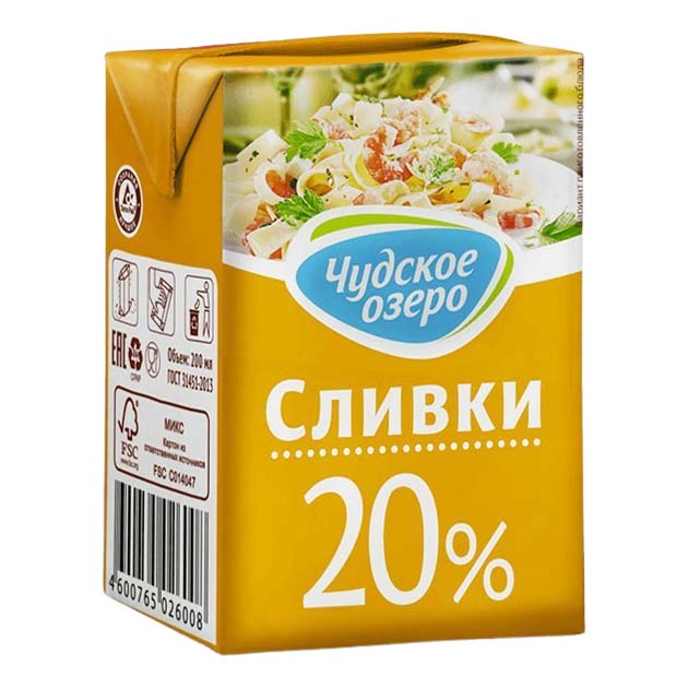 Сливки для взбивания Чудское озеро ультрапастеризованные 20% БЗМЖ 200 мл