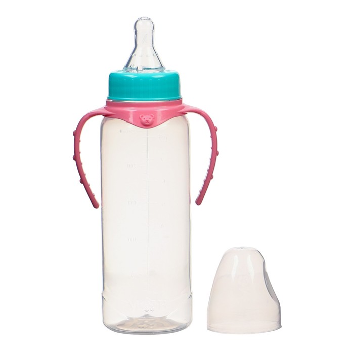 Mum&Baby Бутылочка для кормления 250 мл цилиндр, с ручками, цвет бирюзовый/розовый