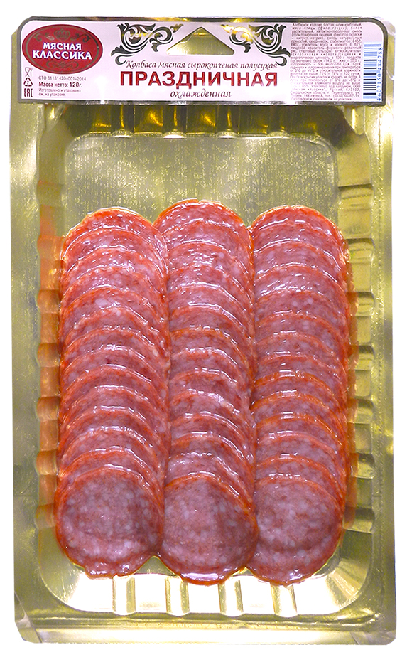 

Колбаса Мясная классика Праздничная сырокопченая вакуумная упаковка нарезка 120 г