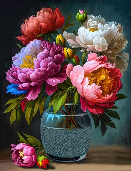 

Алмазная мозаика без подрамника Пионы в кувшине, 50x40 см, 30 цветов, 61667, РА-182