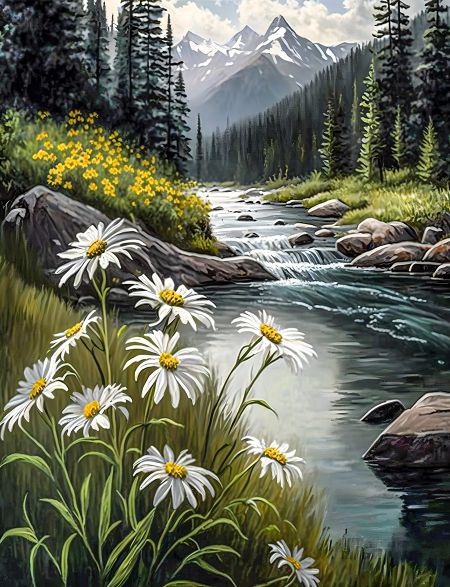 

Алмазная мозаика на подрамнике Ромашки у ручья, 40x30 см, 30 цветов, 61529, ПРА-181